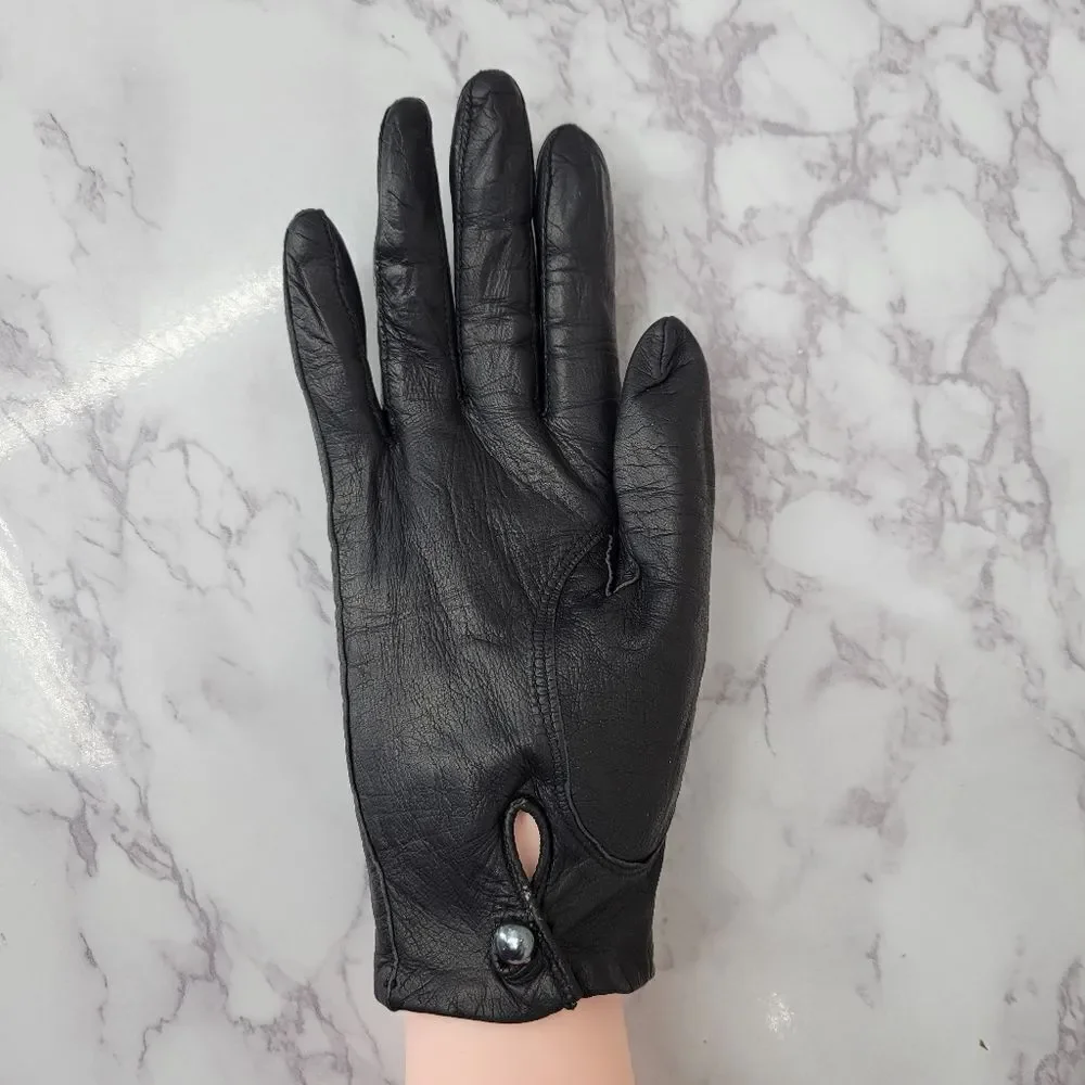 Fownes Vintage Black Leather Goat Kid Skin Short Driving Gloves Silk Lining